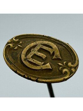 Antique Edwardian Era Hat Pin Brass Monogrammed Ornate Detailing EC Monogram